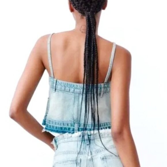 ZARA DENIM SKIRT CAMI STRAP RAW EDGE CROP TOP SIZE MEDIUM NWT - Picture 2 of 6